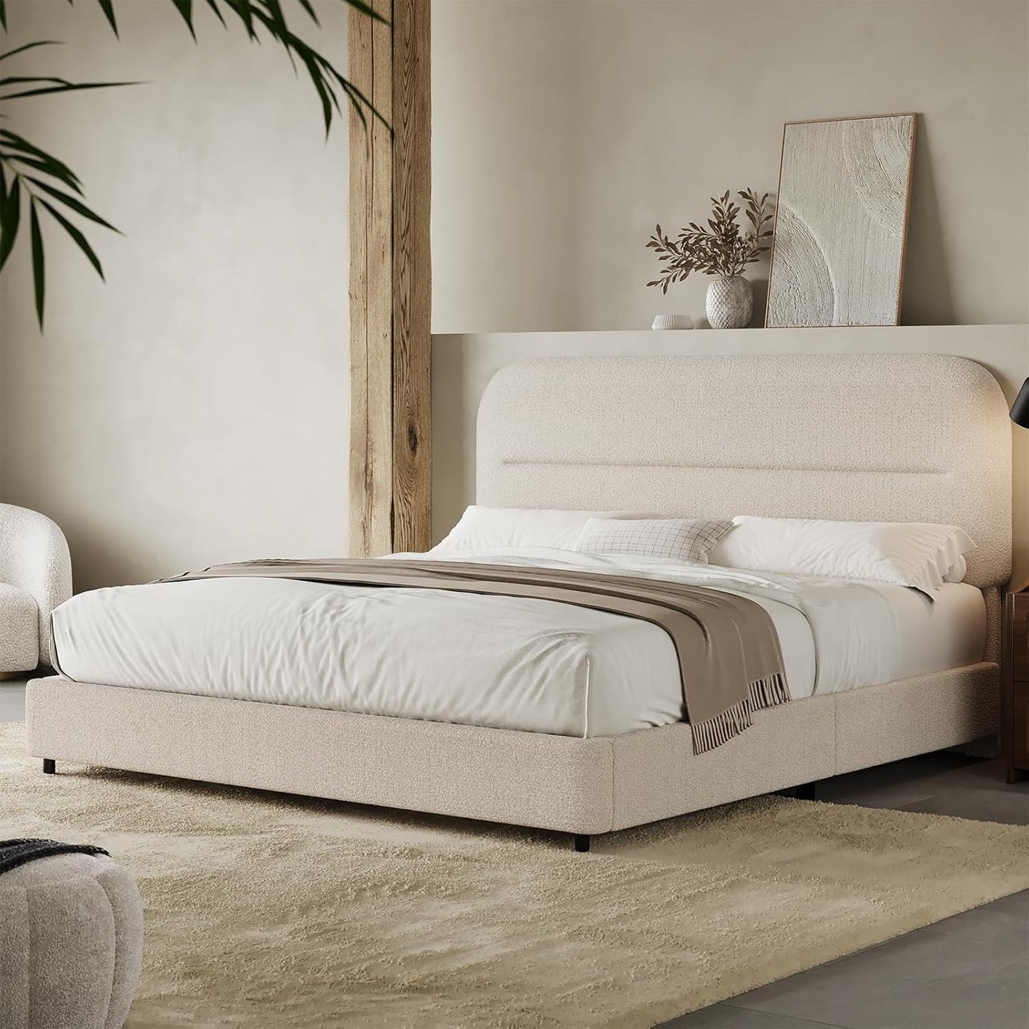 Full Size Boucle Bed Frame with Soft Upholstered Headboard
