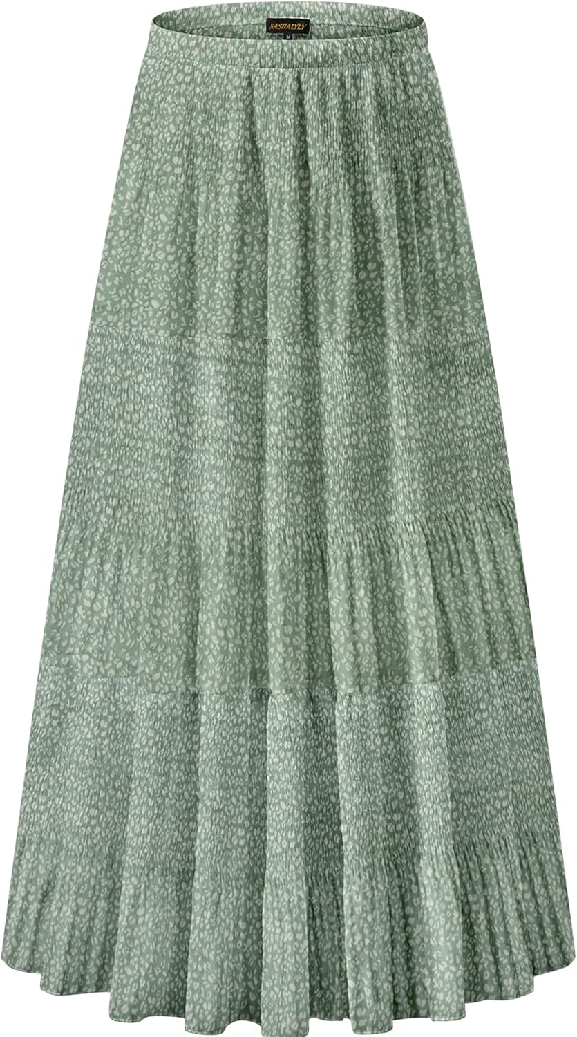 Chiffon Elastic High Waist Pleated A-Line Maxi Skirt for Women