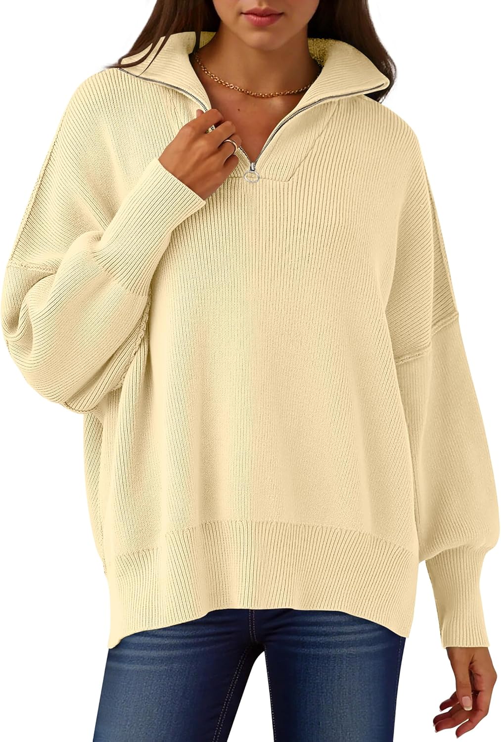 Oversized Fashion Long Sleeve Quarter Zip Sweater for Women
