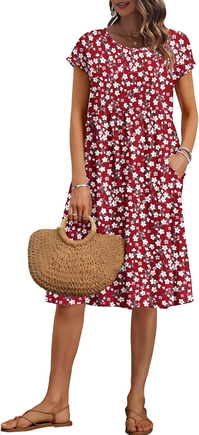 AUSELILY Women's Summer Short Sleeve Knee-Length Dress with Pockets