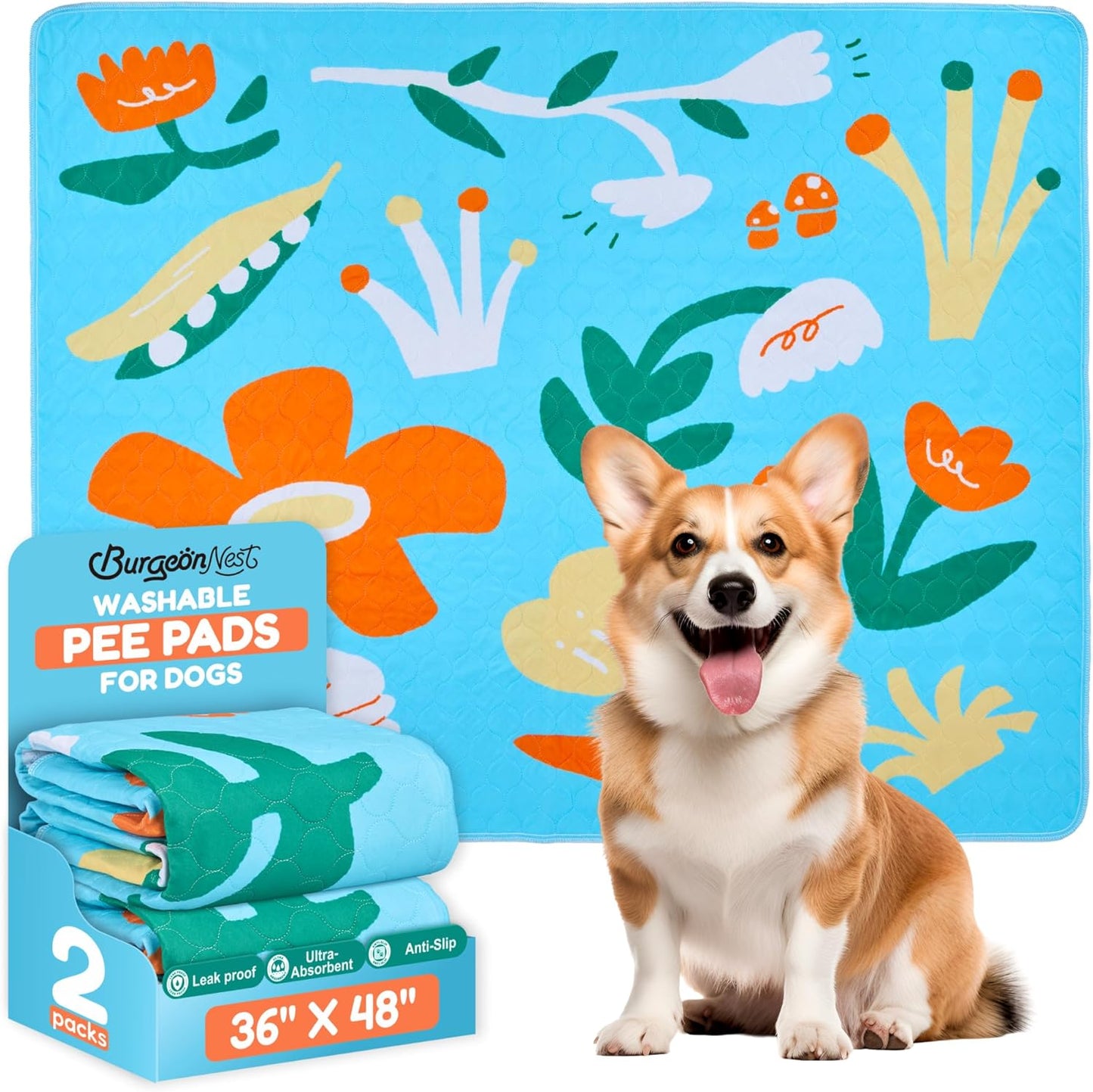 BurgeonNest Washable Pee Pads for Dogs - Super Absorbent & Leakproof