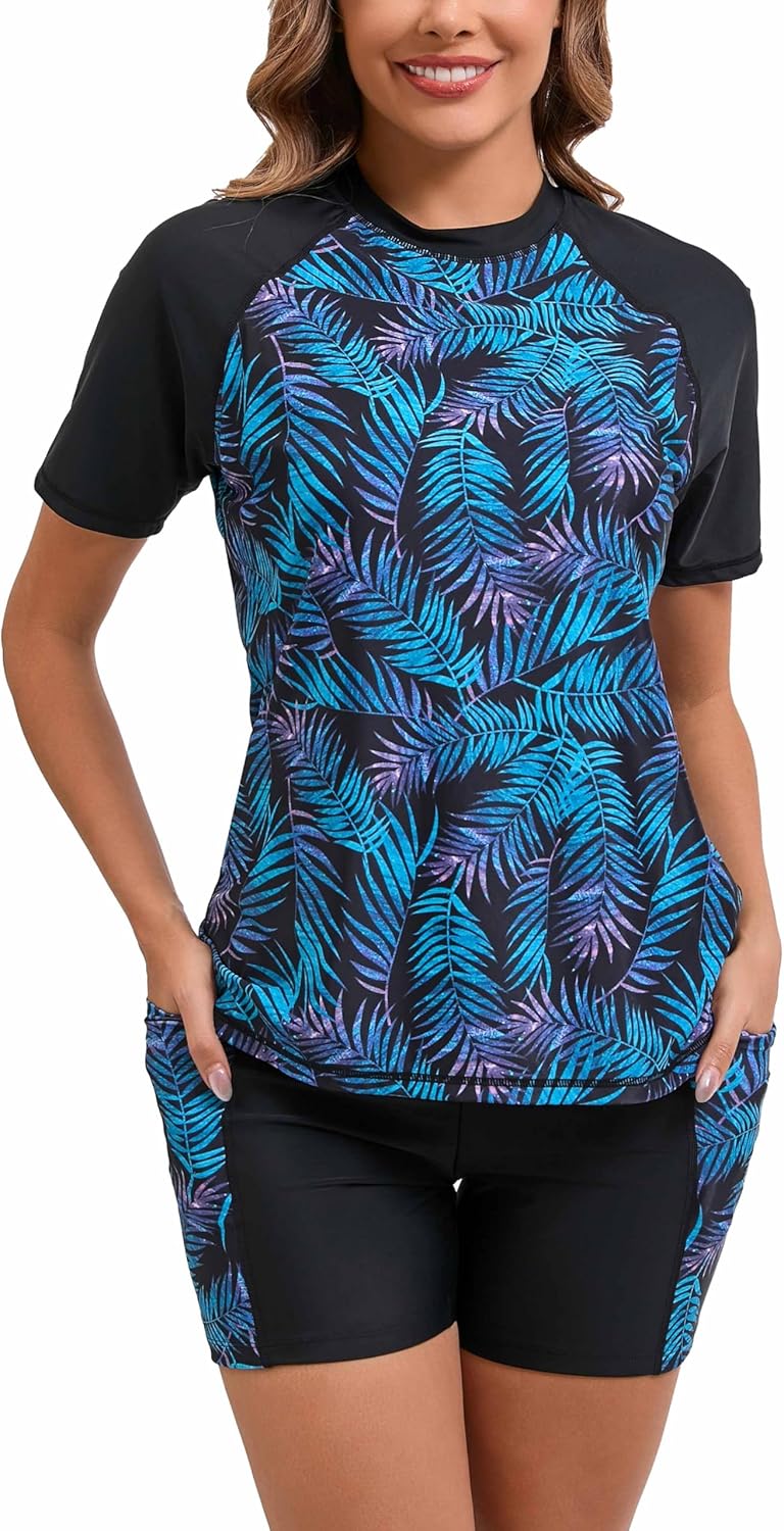Halcurt Women's Two Piece Rash Guard Swim Set with Boyshorts