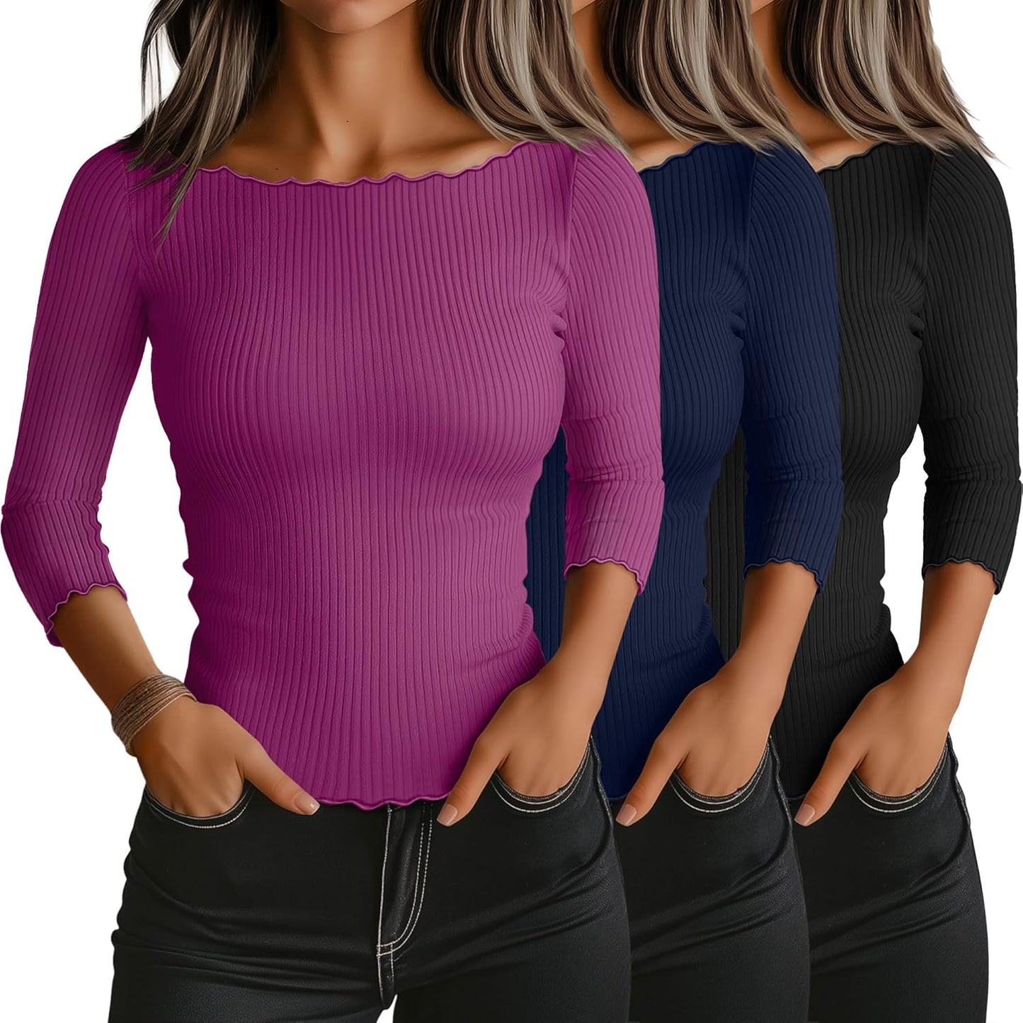 Riyiper 3 Pack Women's 3/4 Length Sleeve Tops for Casual Style