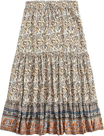 Milumia Women's Boho Vintage Floral Print Tie Waist Maxi Skirt