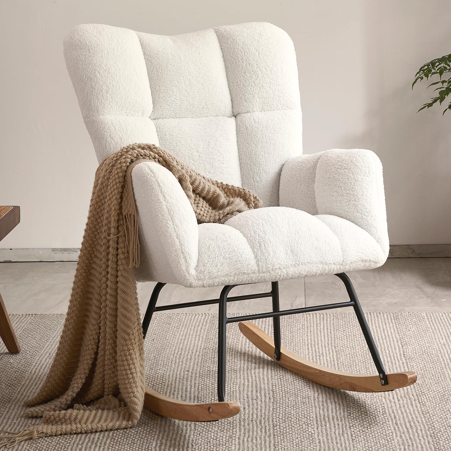 Teddy Fabric Nursery Rocking Chair - High Backrest, Comfy Glide