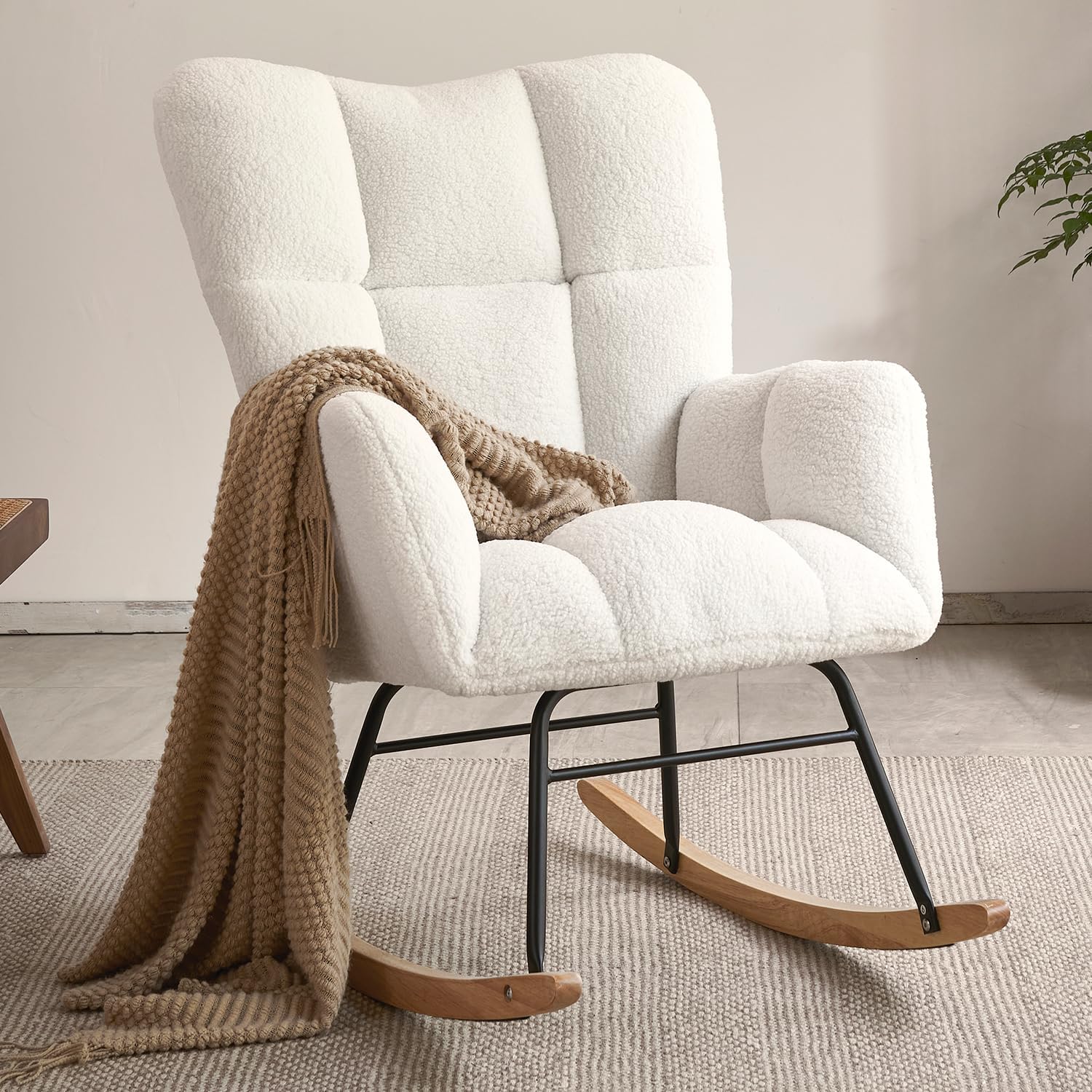 Teddy Fabric Nursery Rocking Chair - High Backrest, Comfy Glide