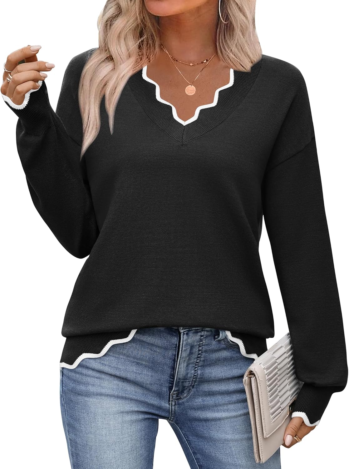 Zeagoo Women's V Neck Sweater Casual Long Sleeve Pullover Tops