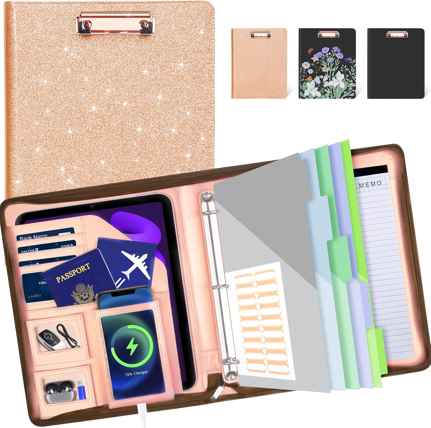 Leather Padfolio Portfolio with Clipboard and 3 Ring Binder