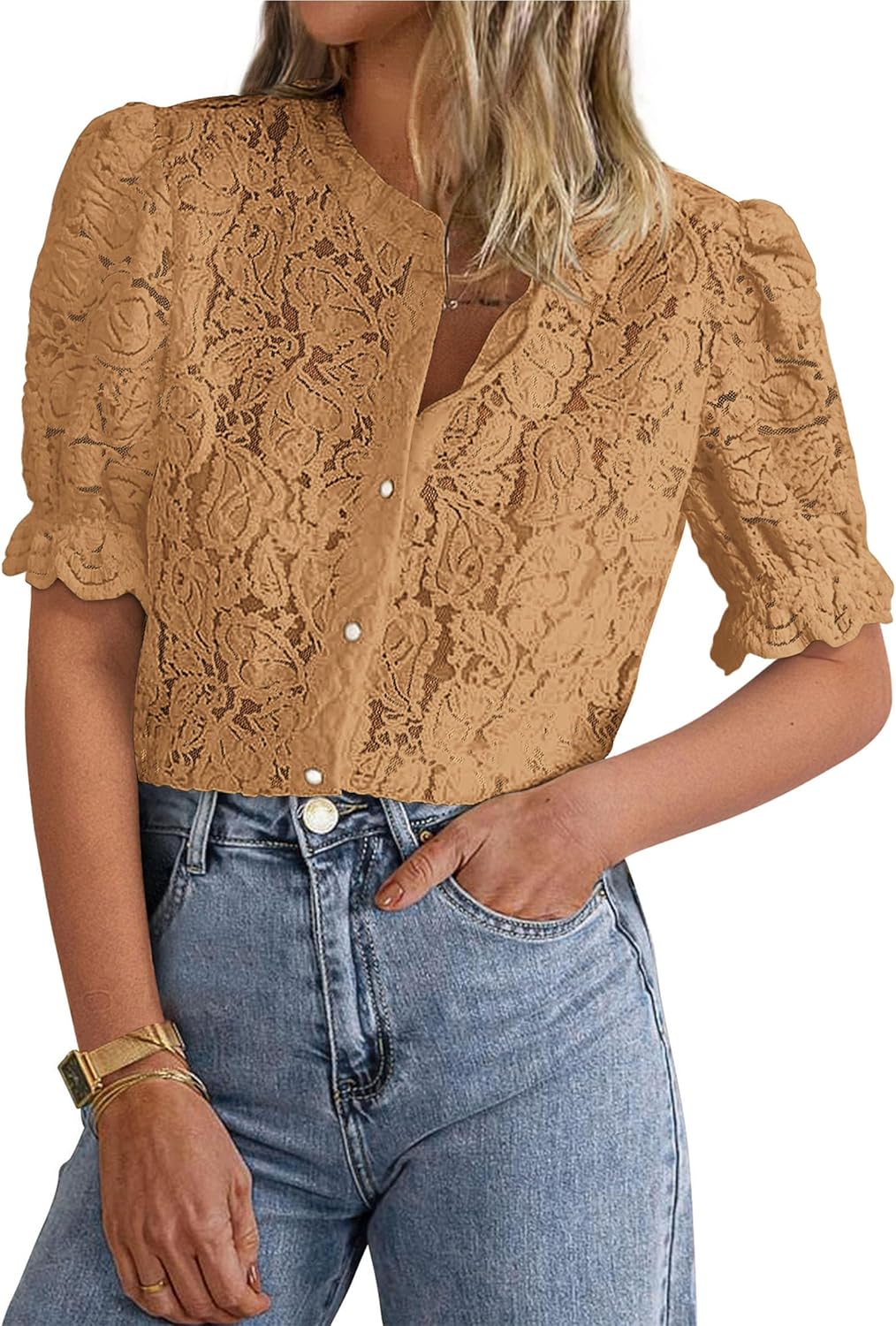 PRETTYGARDEN Womens Lace Tops Short Puff Sleeve Blouses