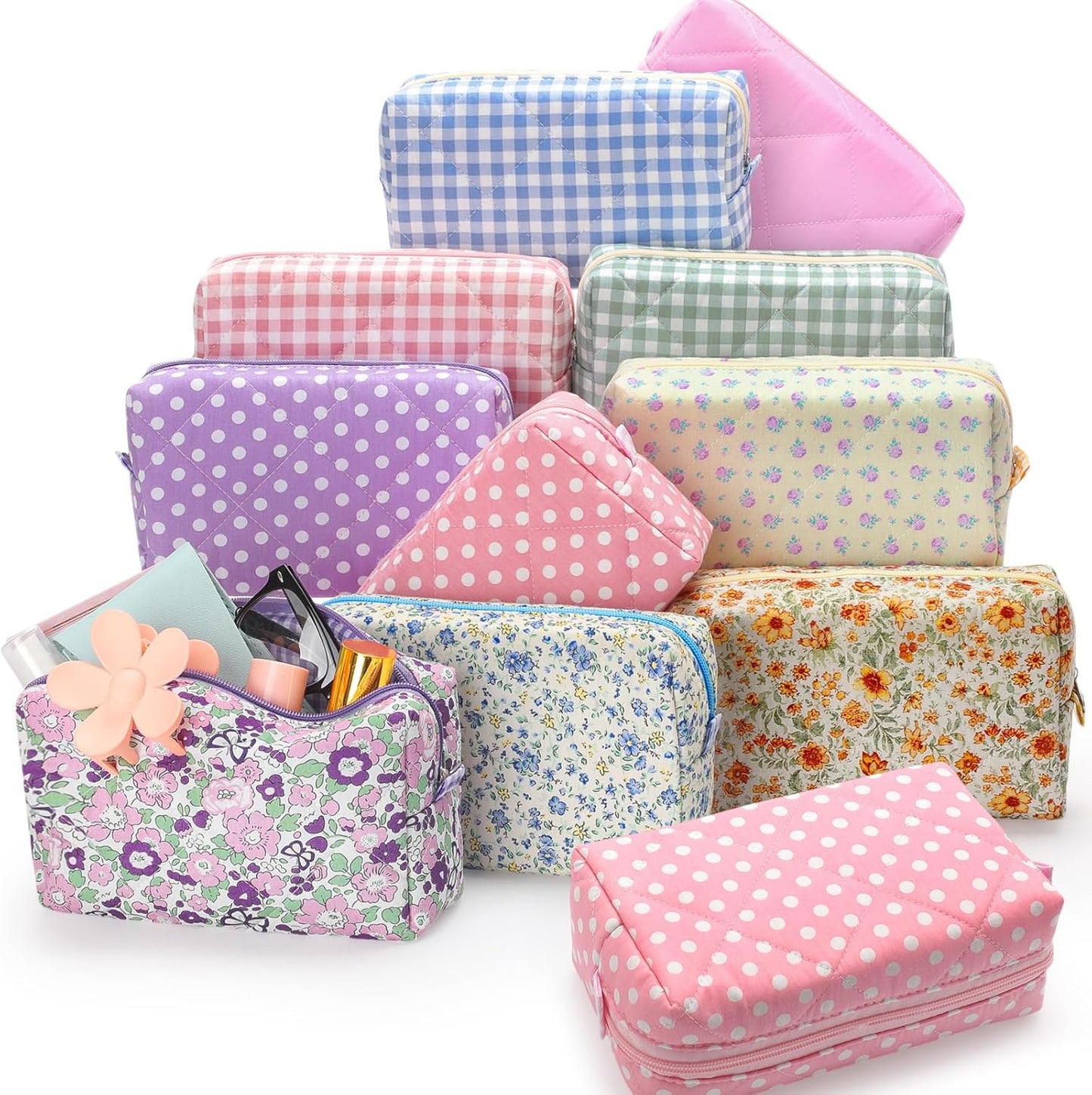 Floral Quilted Makeup Bag Set of 10 for Travel and Gifts