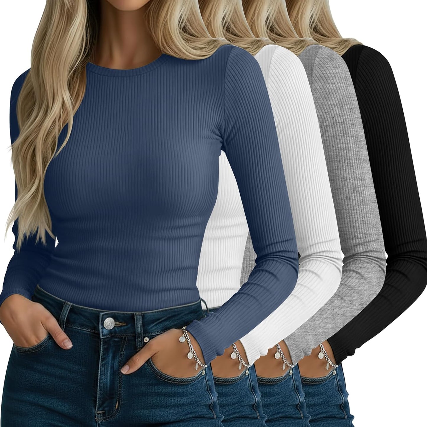 Neer 4 Pack Women's Ribbed Long Sleeve Shirts for Every Occasion