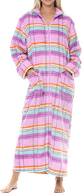 Long Zip Up Robe for Women Plus Size - Pastel Plaid Plush Zip Front