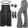 60s 70s Hippie Costume for Women Fringe Vest and Flared Pants Set