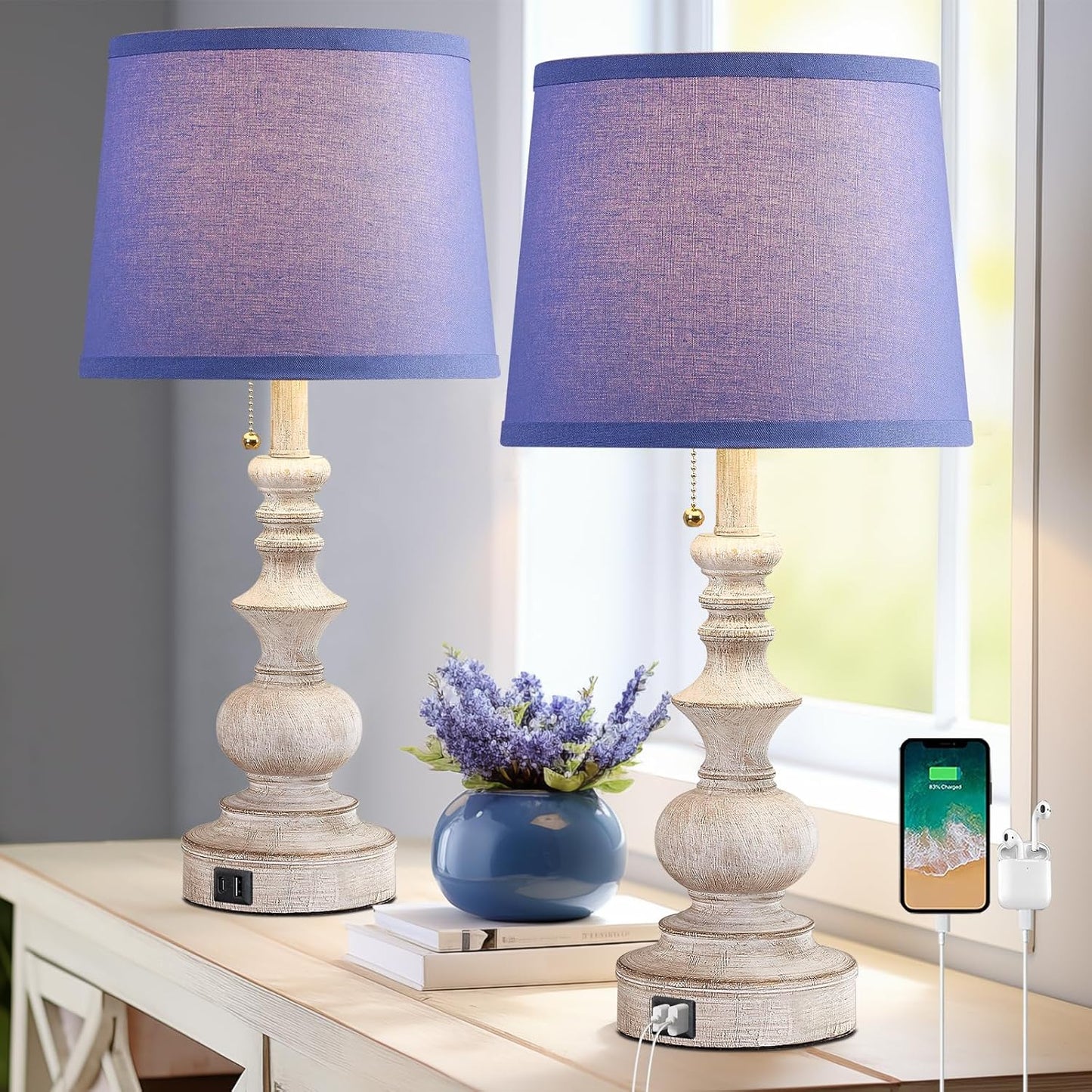 22 Farmhouse Bedroom Table Lamps Set with USB Charging Ports