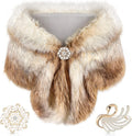 Faux Fur Shawl Wrap Stole Shrug with Pearl Rhinestone Brooches