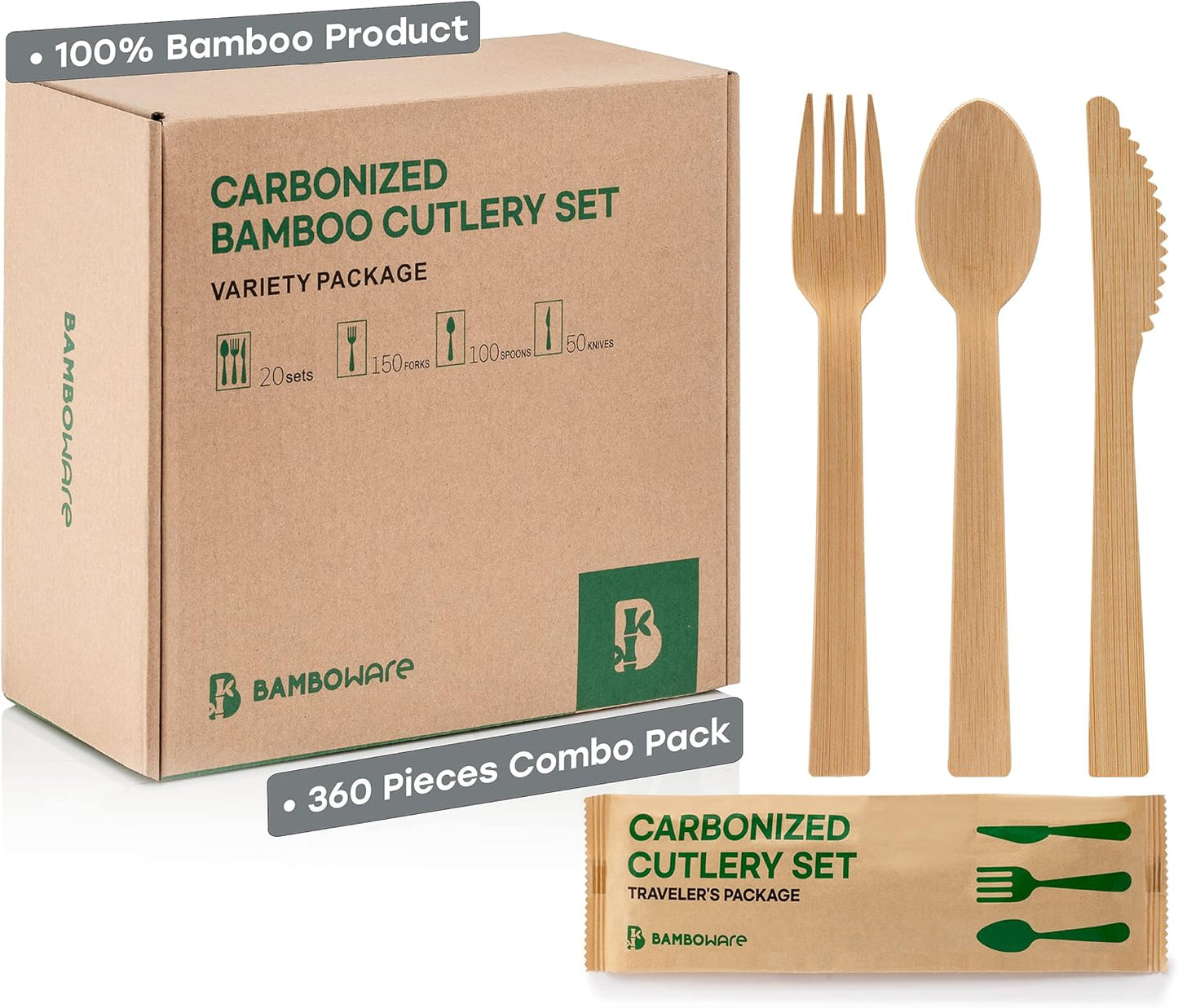 100% Bamboo Utensils - Heavy Duty Biodegradable Cutlery Pack
