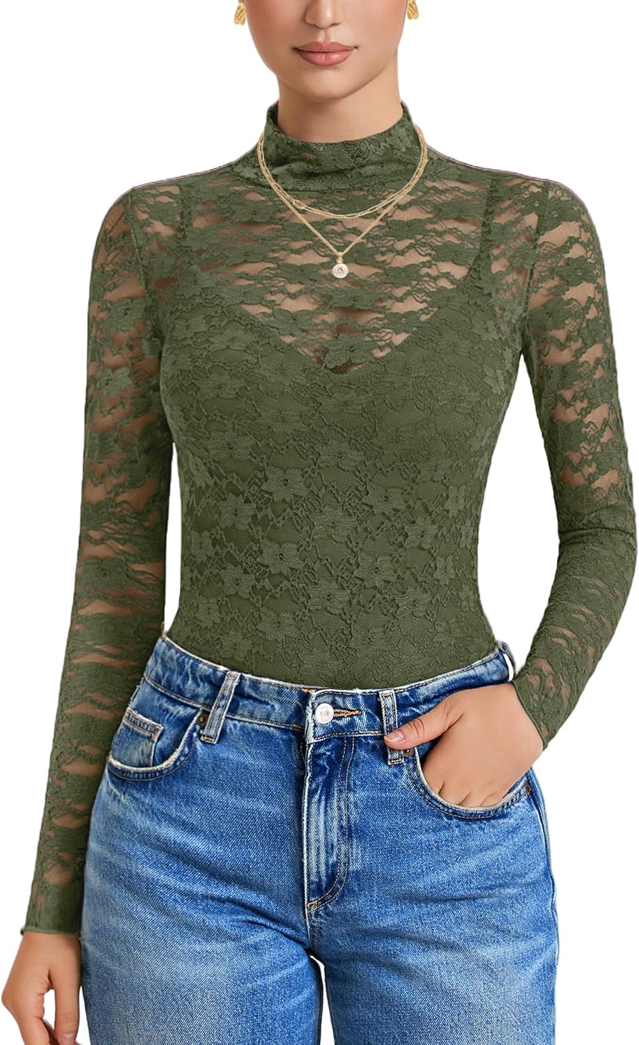 Avidlove Womens Long Sleeve Bodysuit Mock Neck Lace Tops