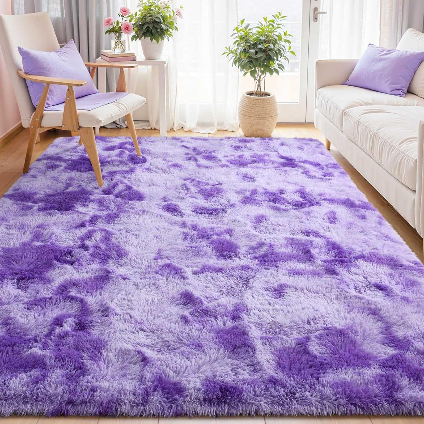 5x7 Purple White Rug Fluffy Living Room Rugs for Girls Decor