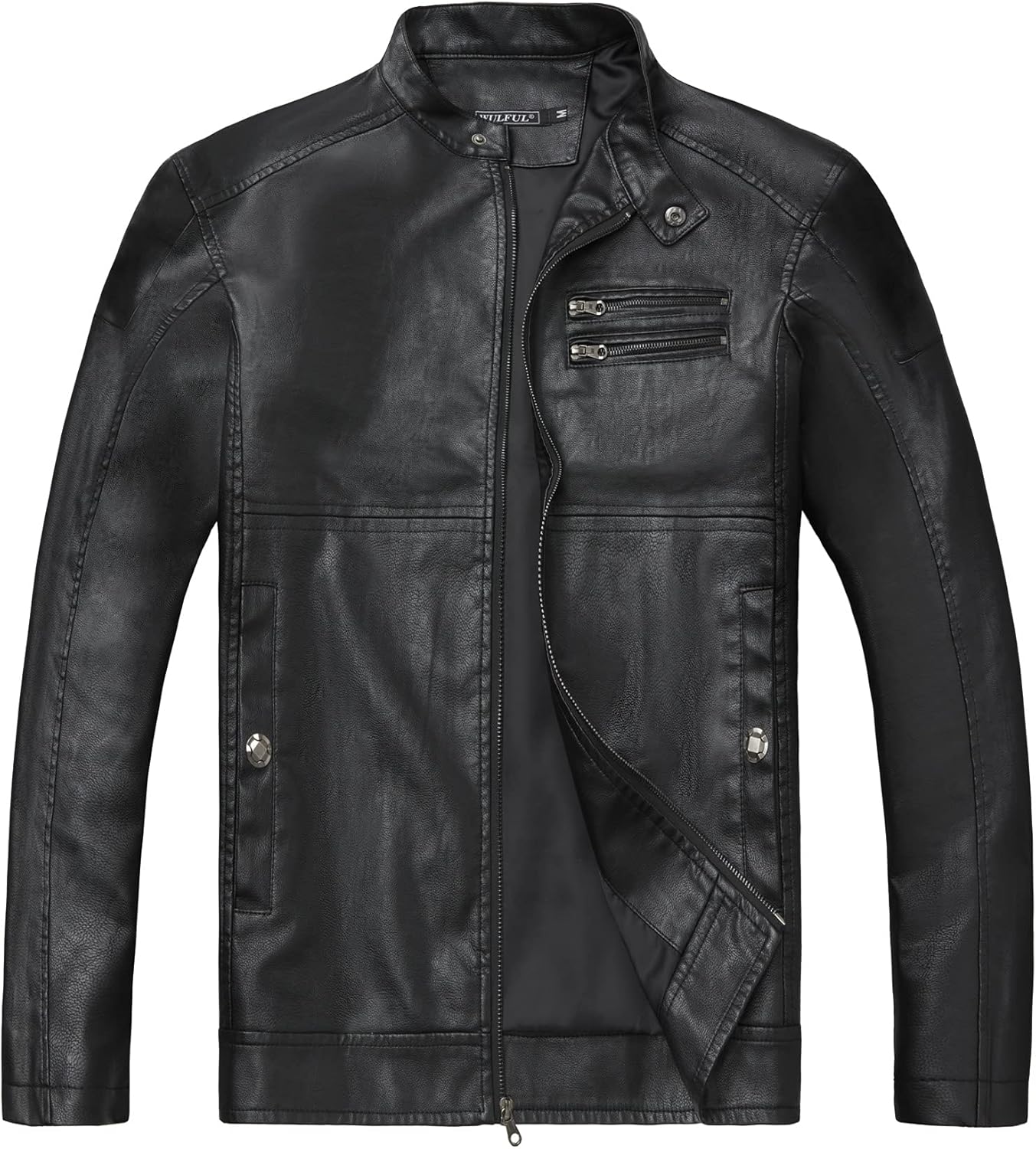 WULFUL Men's Stand Collar Leather Jacket for Motorcycle Enthusiasts