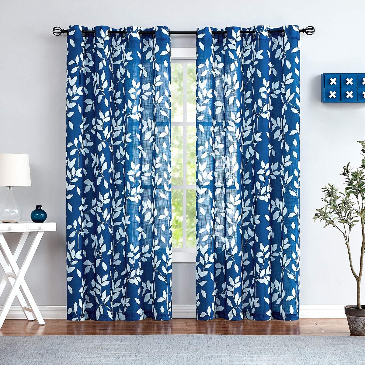 White and Blue Semi-Sheer Leaf Print Curtains for Home Decor