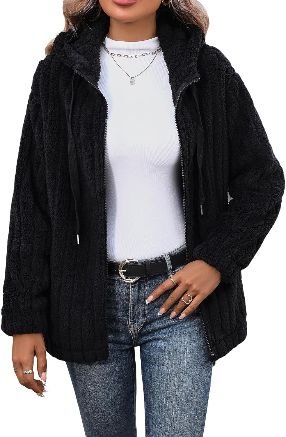 Womens Fleece Jacket Full Zip Sherpa Coat with Hood S-5XL