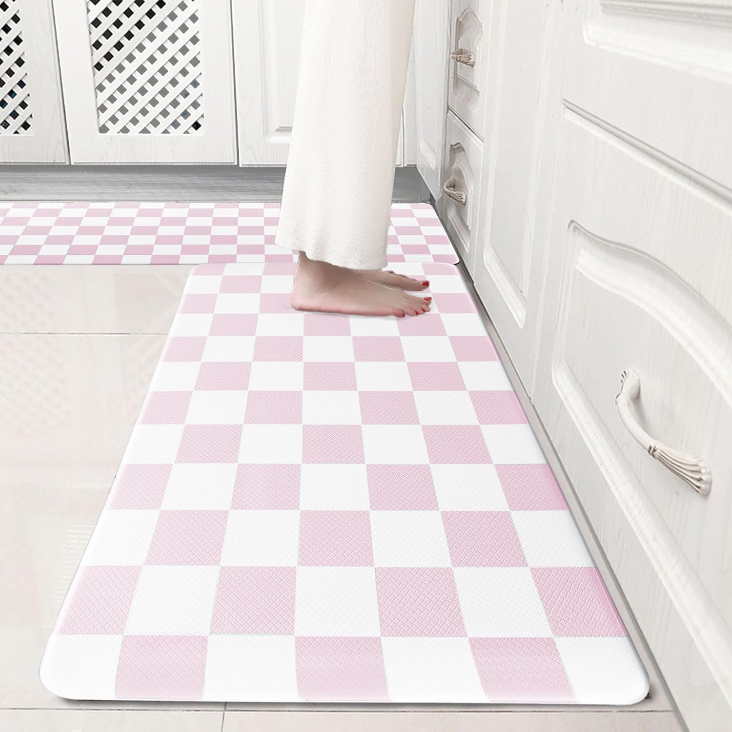Pink Checkered Grid Kitchen Rug Sets for Comfort and Style