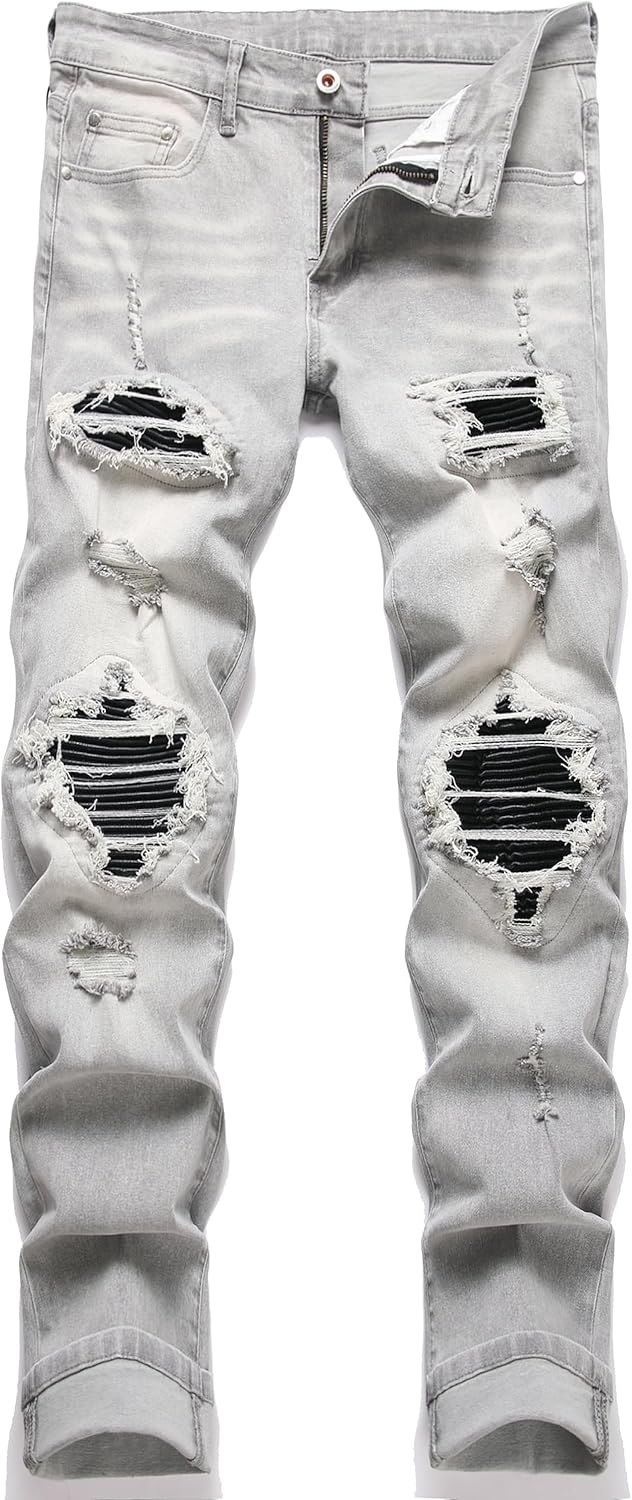 OIIIO Men's Patch Ripped Stretch Regular Fit Jean for Style