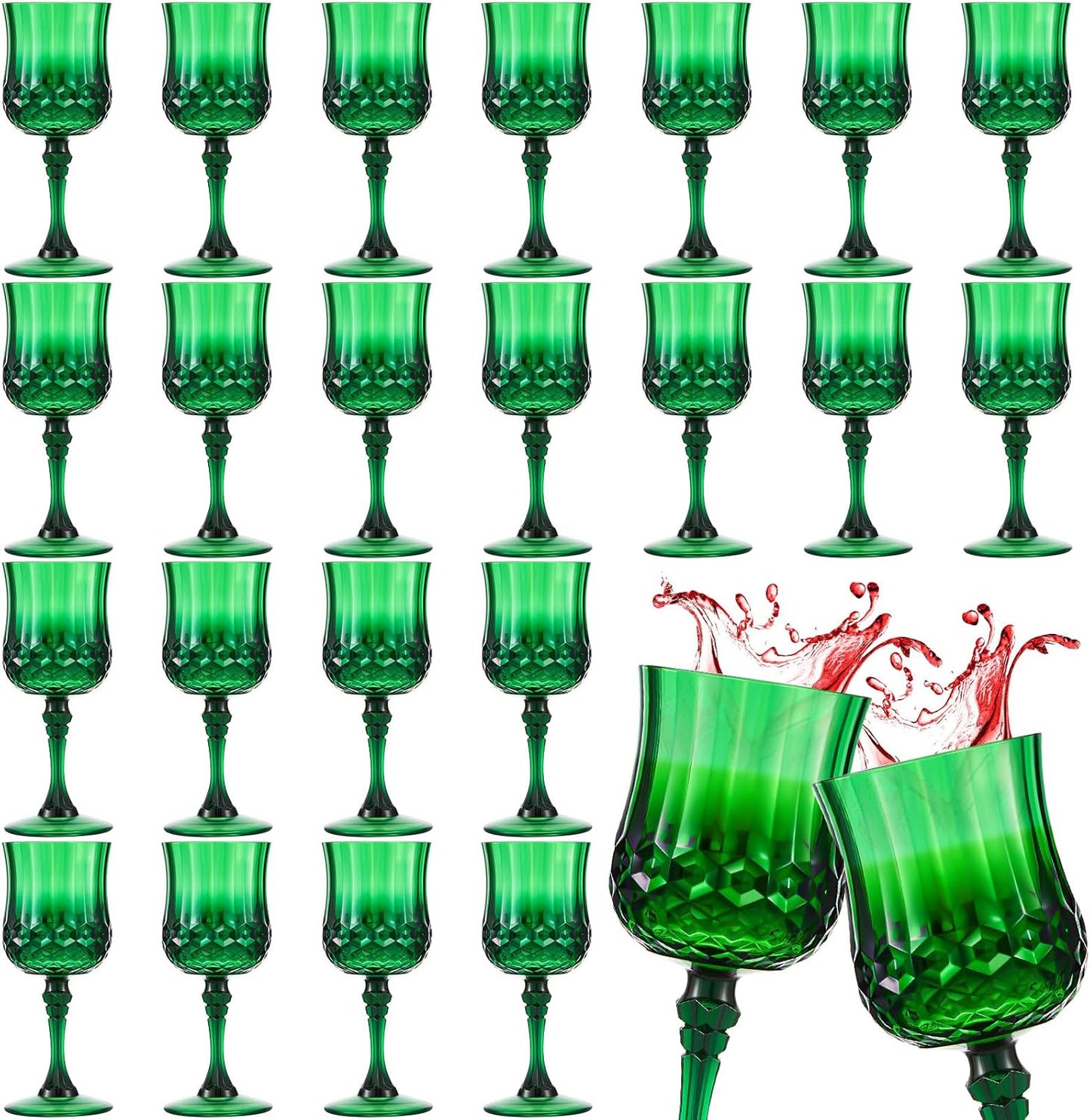 Vintage Plastic Wine Glasses for Parties - 24 Pcs Green Goblets