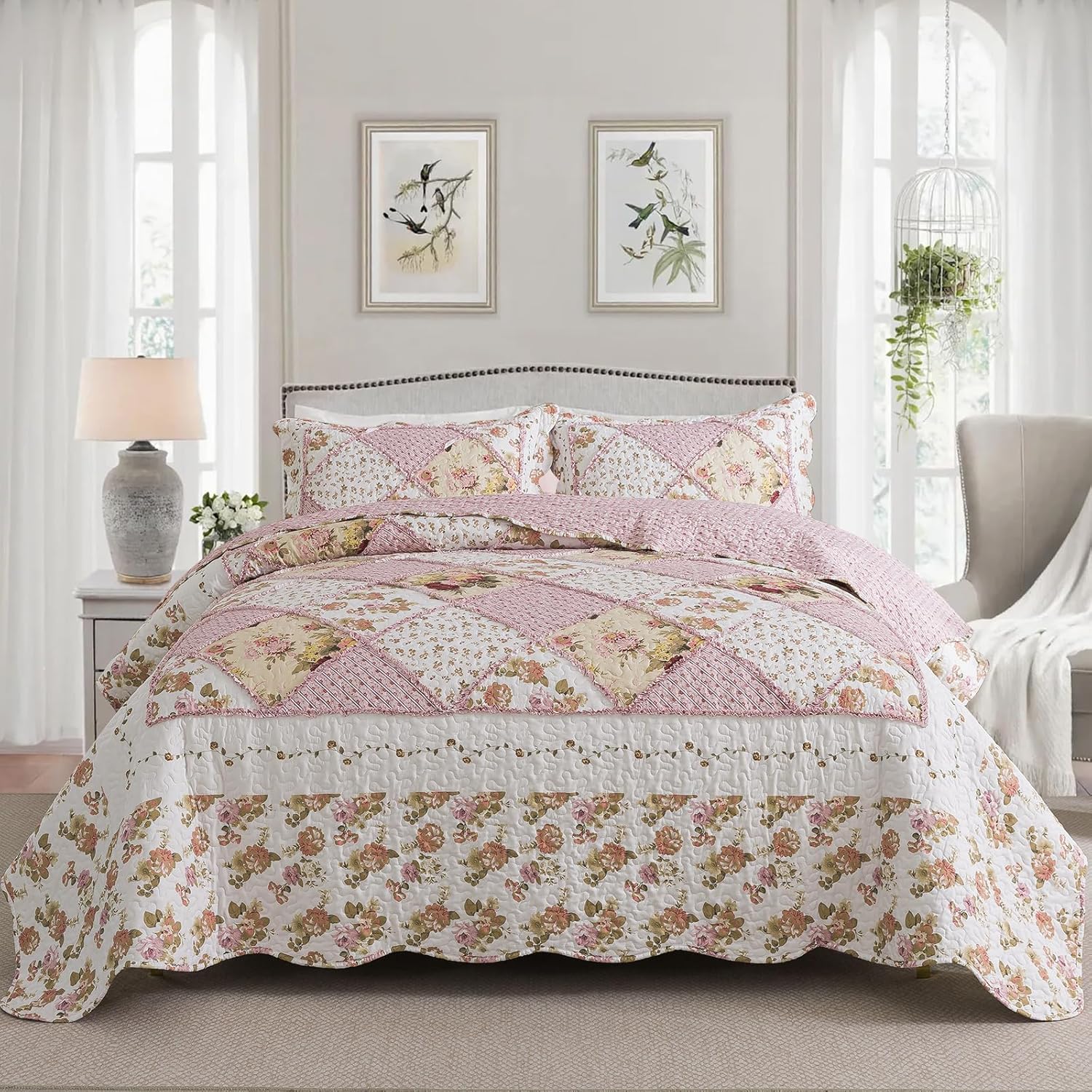 NEWLAKE Quilt Set King Size, Pink Floral Bedspread for All Seasons