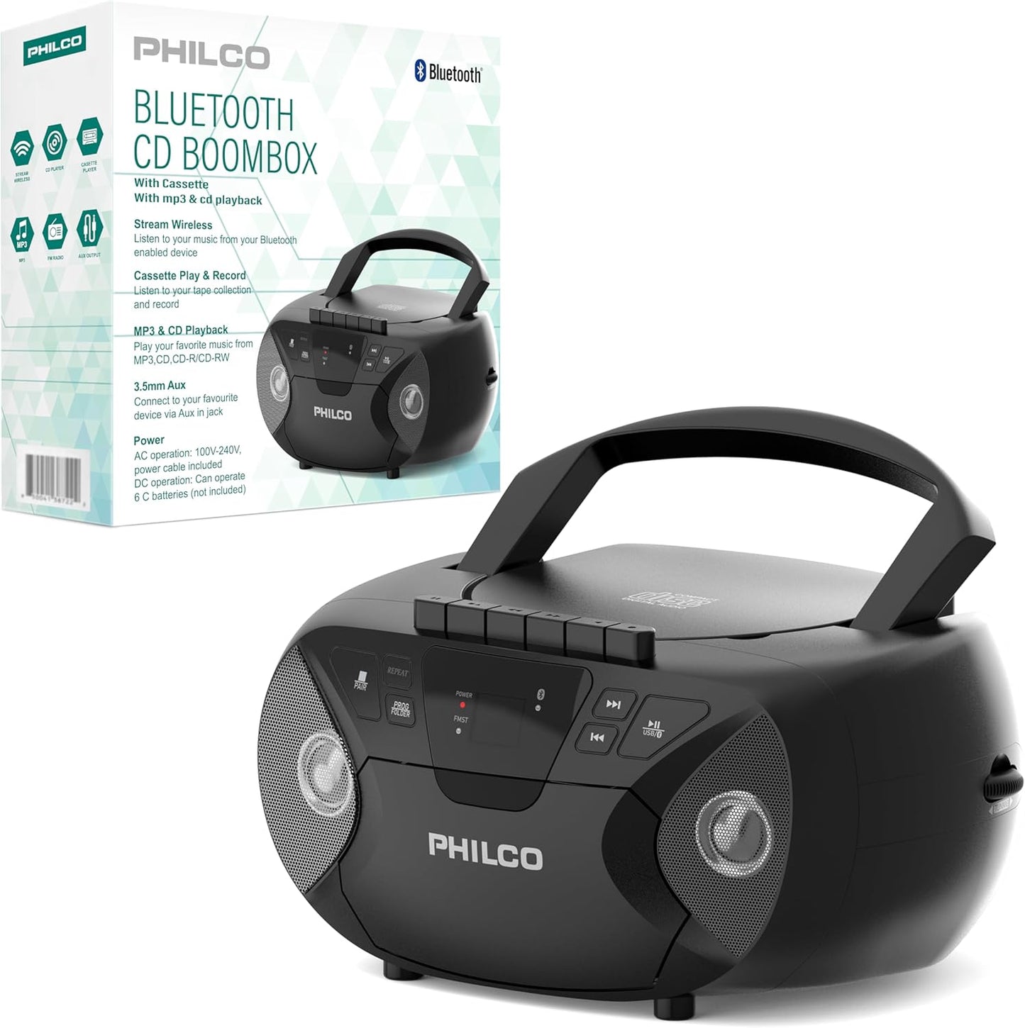 Philco Portable Bluetooth Boombox with CD and Cassette Player