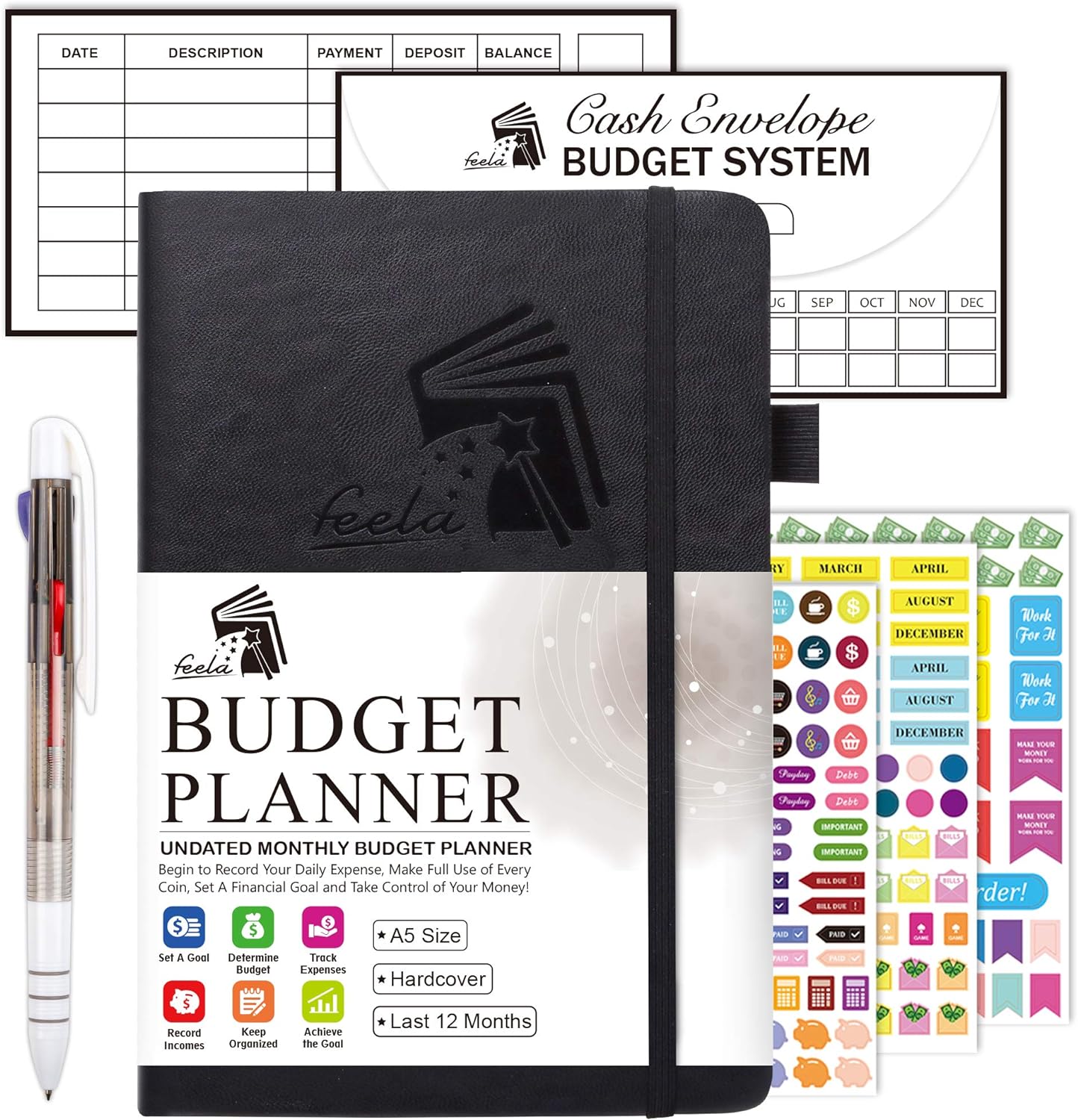 Feela Monthly Budget Organizer Kit - 12 Months, A5, Black