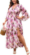 Wedding Guest Dress Plus Size Ruffle Bell Sleeve V Neck Maxi
