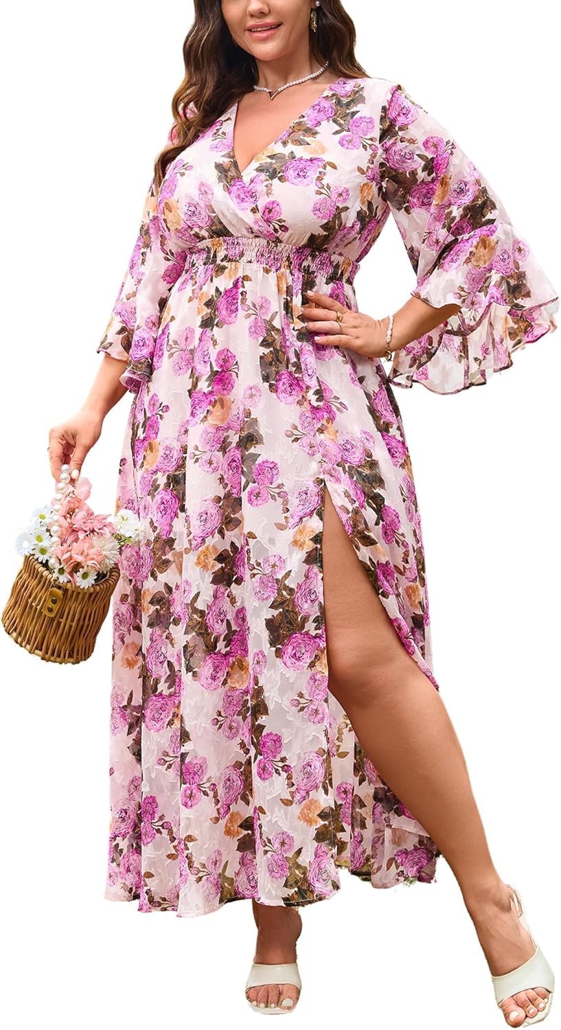 Plus Size Wedding Guest Dress with Ruffle Bell Sleeves and Slit