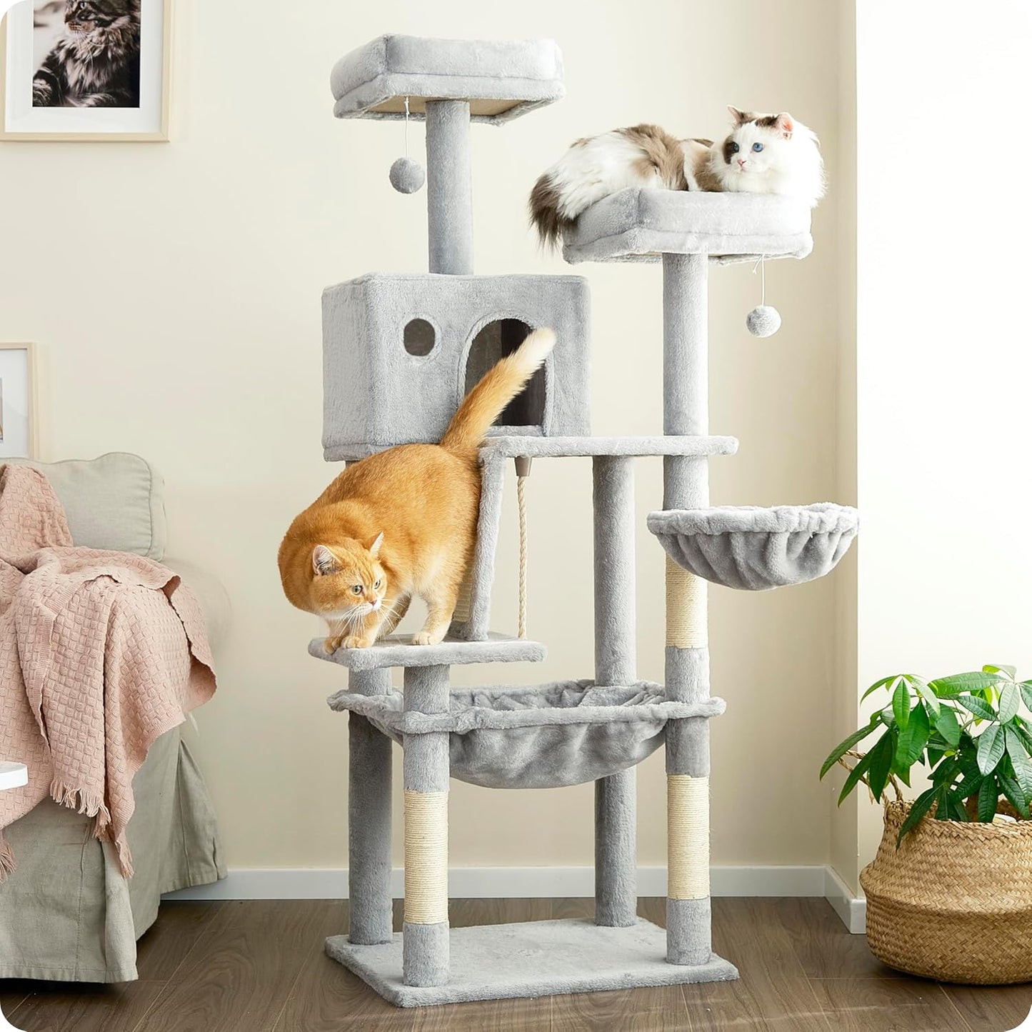 56 inch Tall Cat Tree for Large Cats with Hammock and Perches