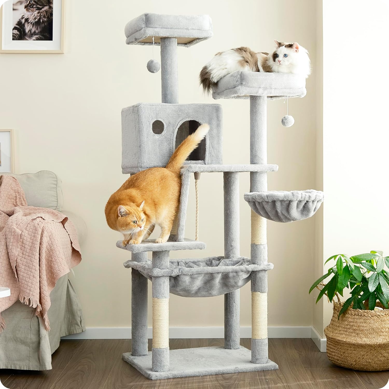 56 inch Tall Cat Tree for Large Cats with Hammock and Perches