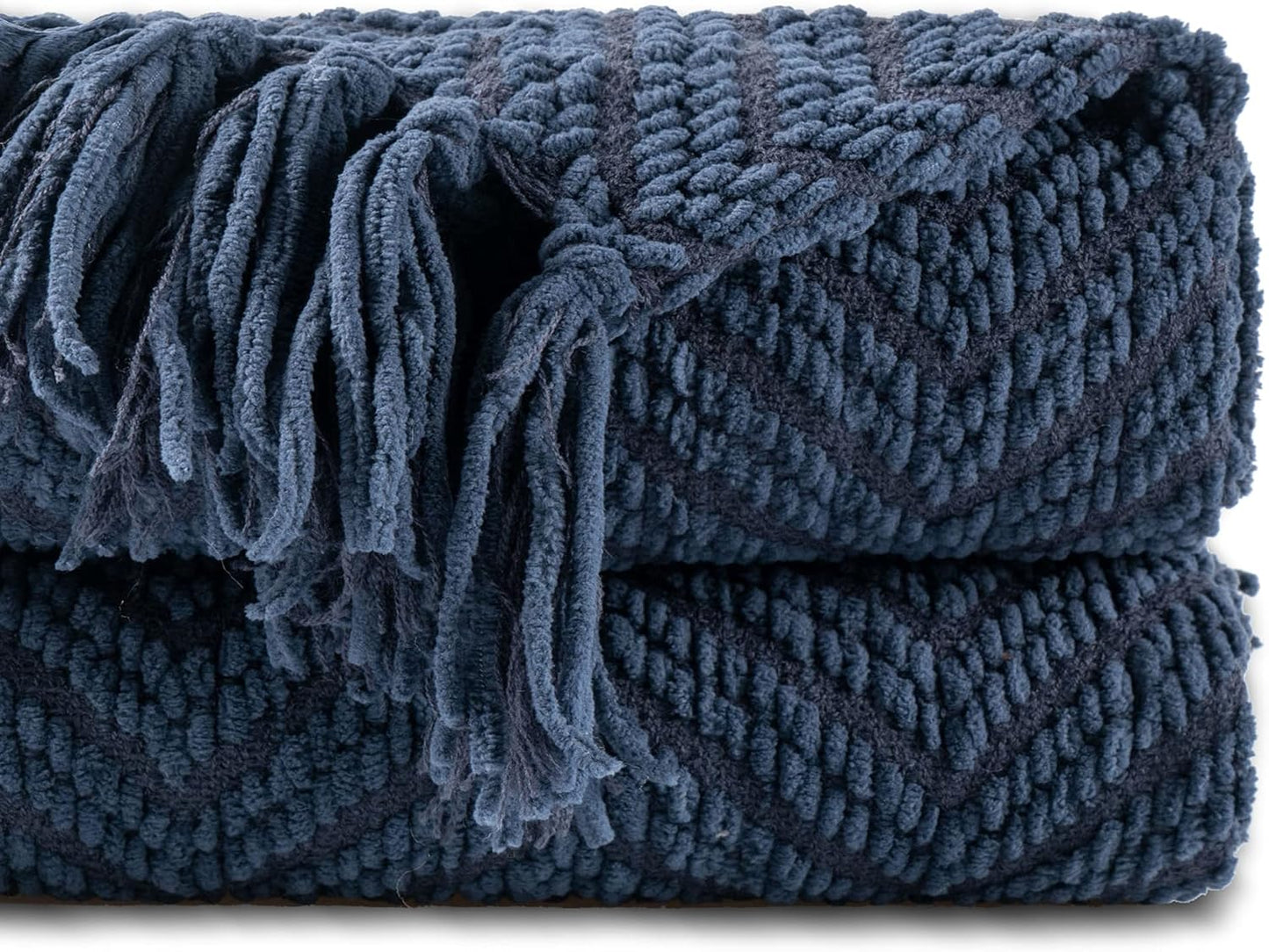 Navy Blue Throw Blanket for Couch, Soft Chenille Knit Decor