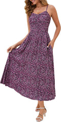 Women's Ruched Floral Maxi Dress - Adjustable Straps & Pockets