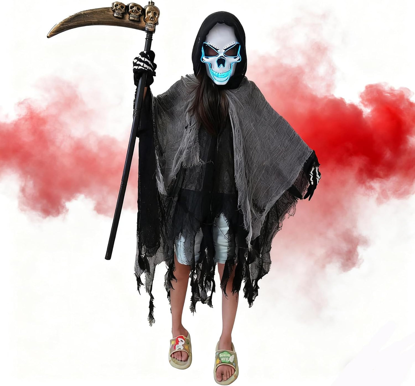 Grim Reaper Costume for Kids with LED Mask and Scythe Set