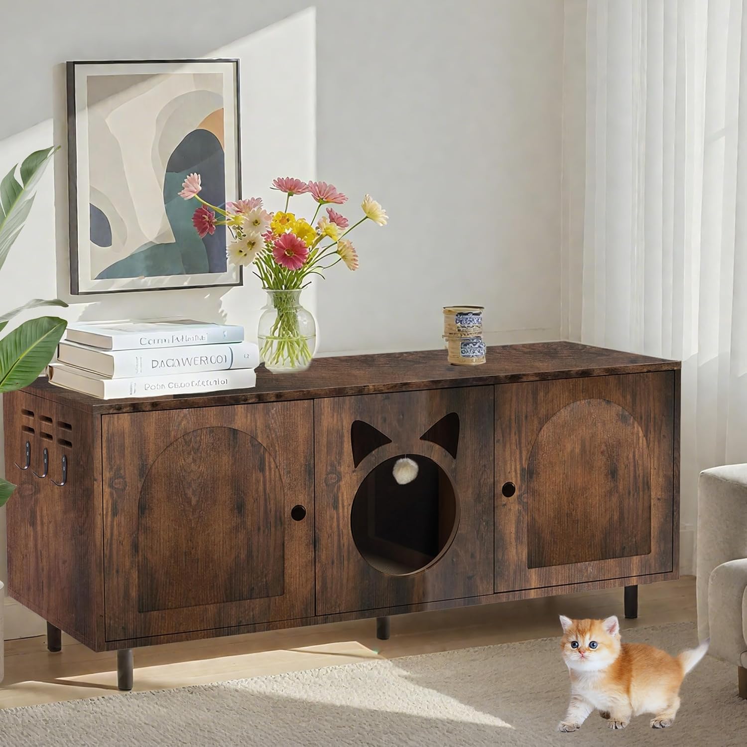 CHARMELEON Large Cat Litter Box Enclosure for 2 Cats, Rustic Brown