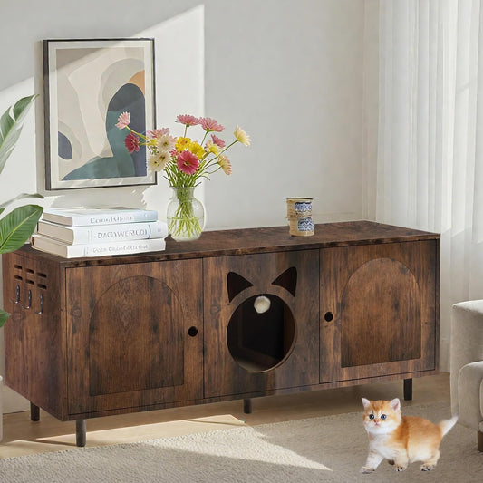 CHARMELEON Large Cat Litter Box Enclosure for 2 Cats, Rustic Brown