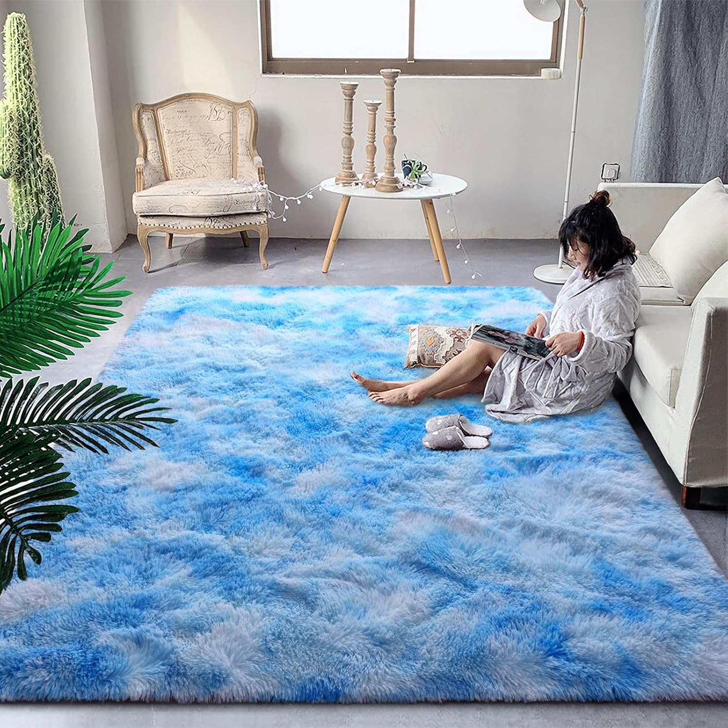 DweIke Fluffy Blue Shag Rugs for Bedroom and Living Room