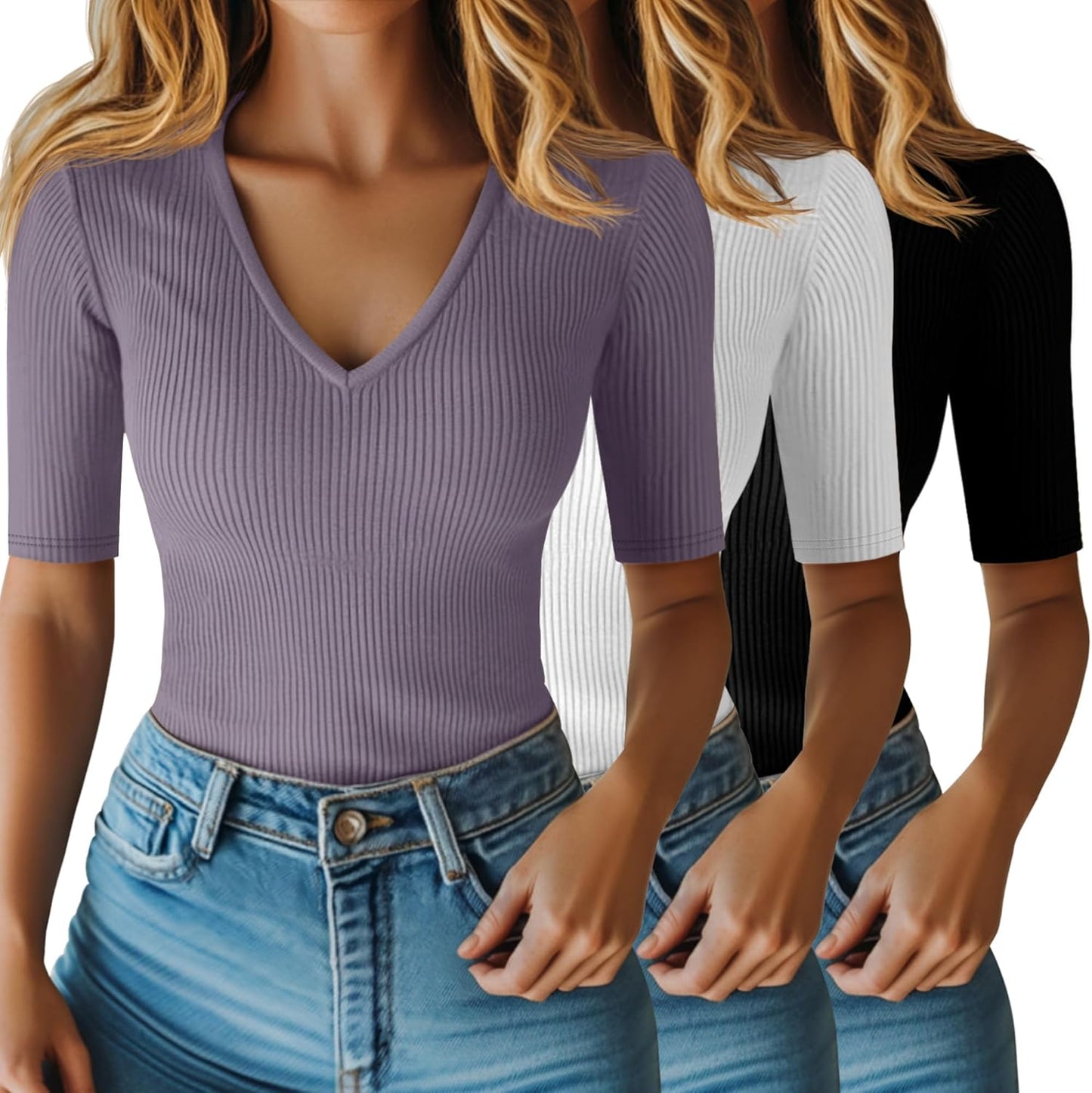 Riyiper Women's Half Sleeve Top V Neck Slim Fit Casual Blouses