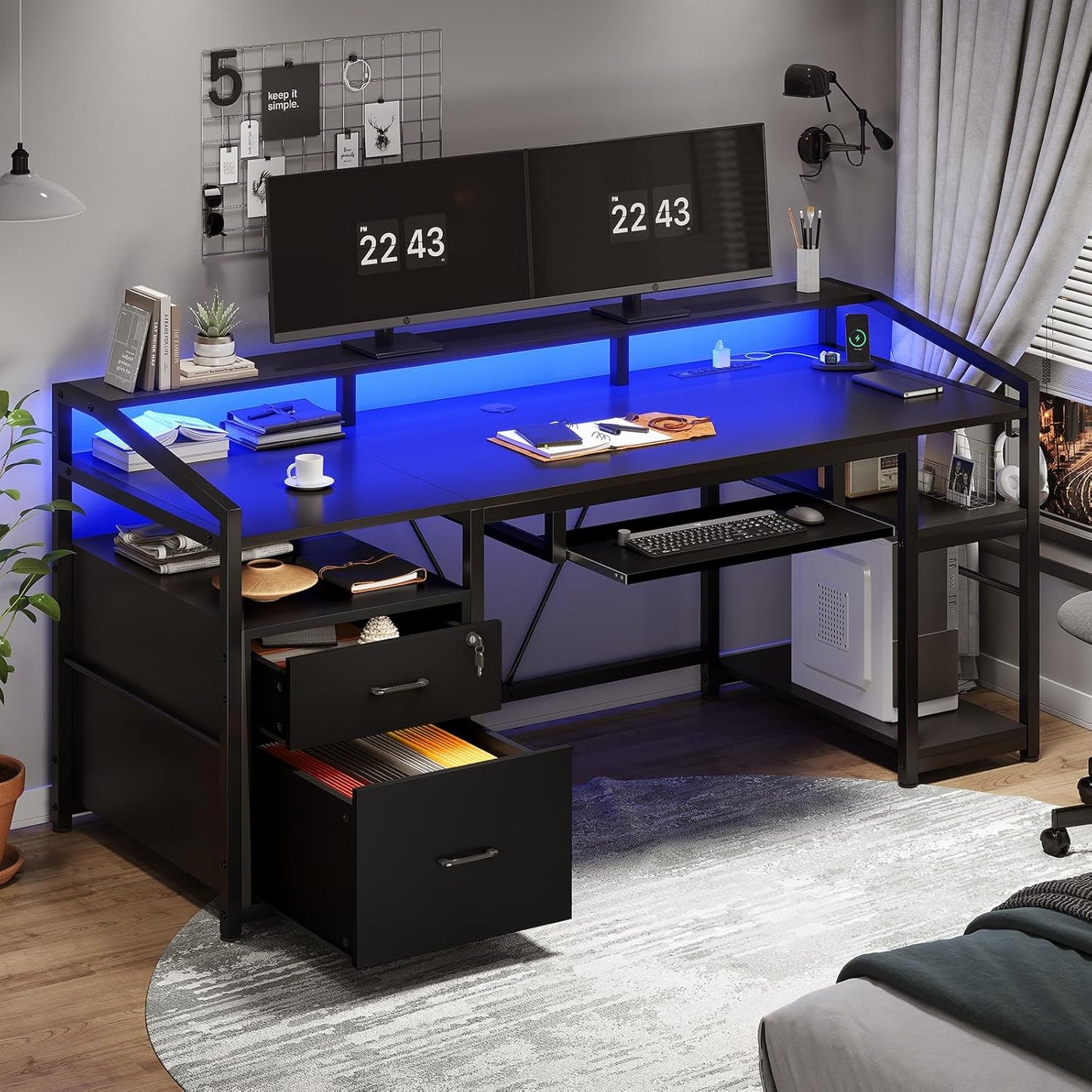 SEDETA 63 Gaming Desk with File Drawers & LED Lights
