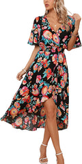 Kormei Womens Floral High Low V-Neck Maxi Dress - Flowy Summer Party