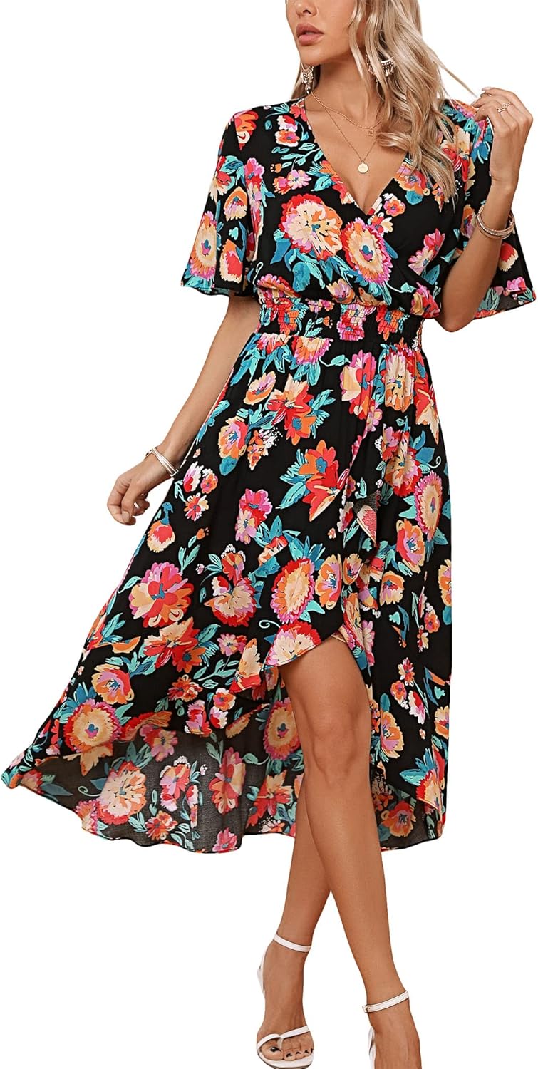 Kormei Womens Short Sleeve Floral High Low V-Neck Maxi Dress