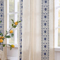 Boho Lined Linen Curtains Blue on Beige - Vintage Floral Drapes