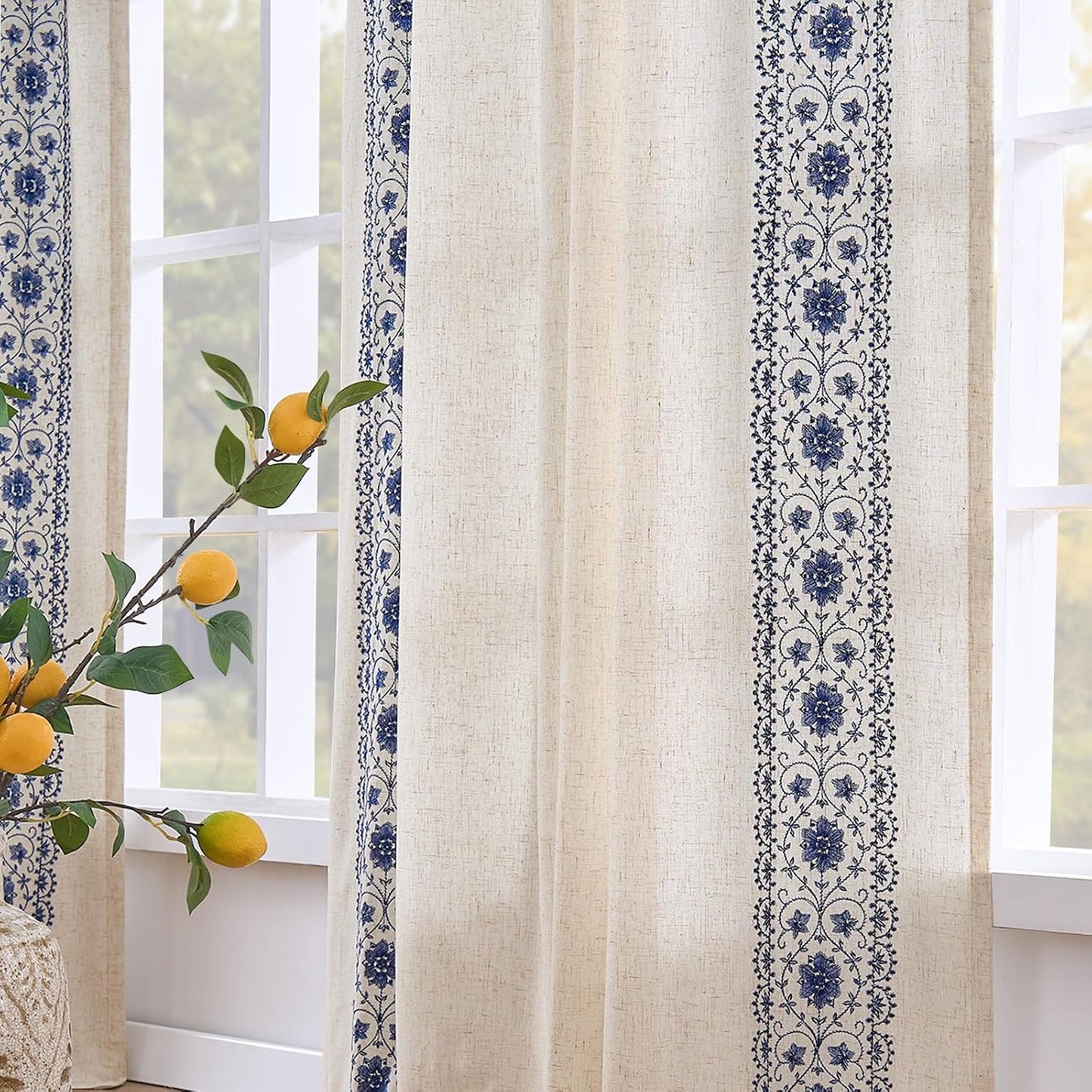 Boho Lined Linen Curtains for Bedroom with Vintage Floral Design
