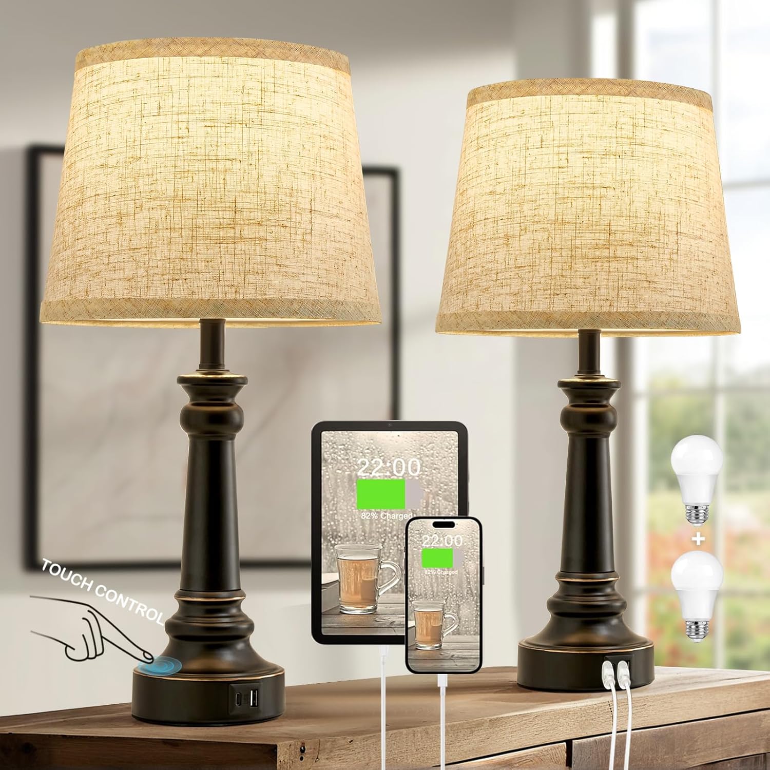 Touch Lamps for Nightstand Set of 2 with USB Ports and Dimming