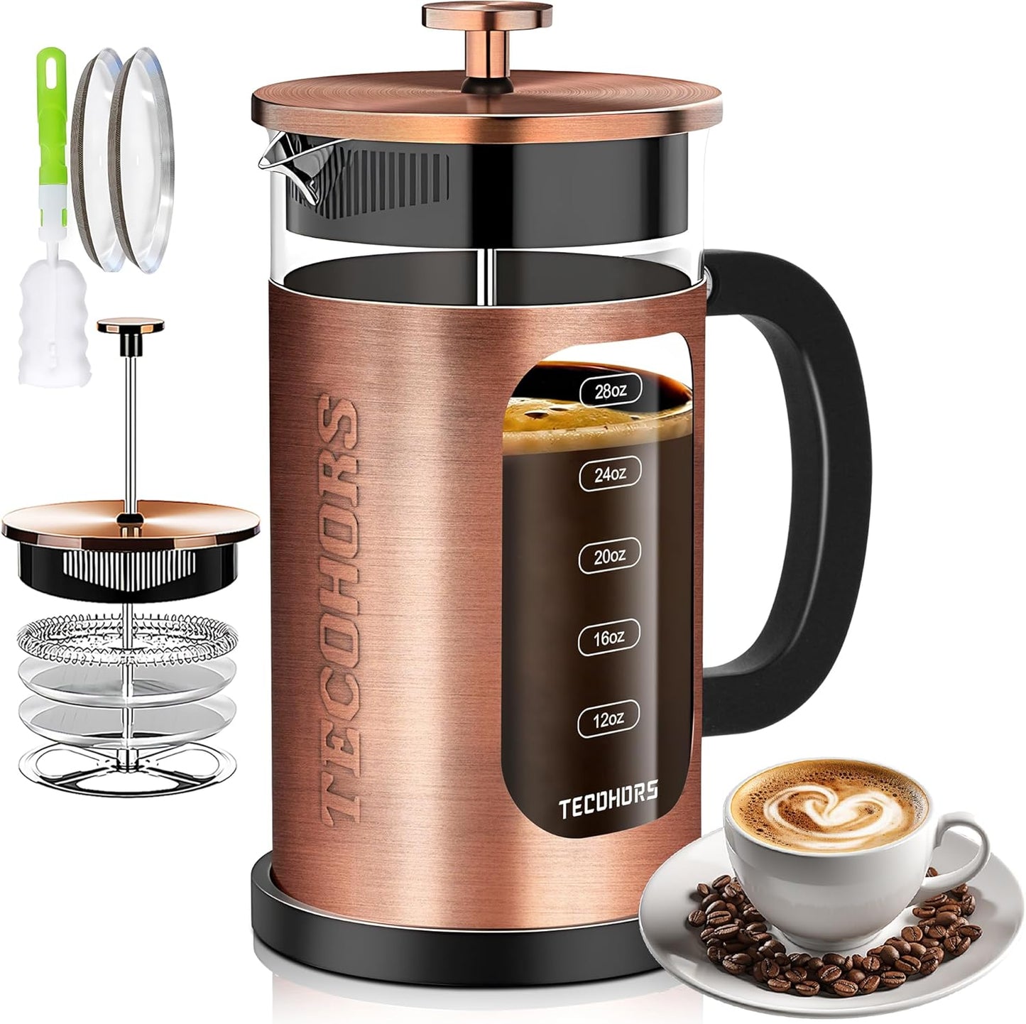 TECOHORS 34oz French Press - 4 Filters System, Heat Resistant Glass