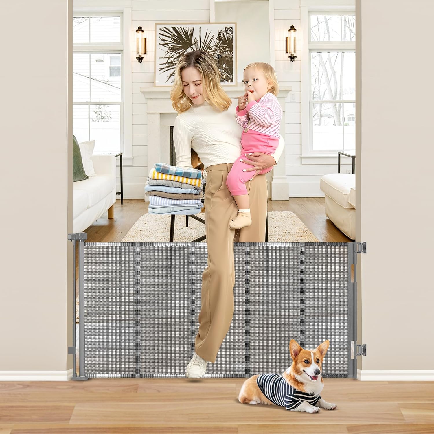 Reinforced 26 Inch Tall Retractable Child Gate for Safety